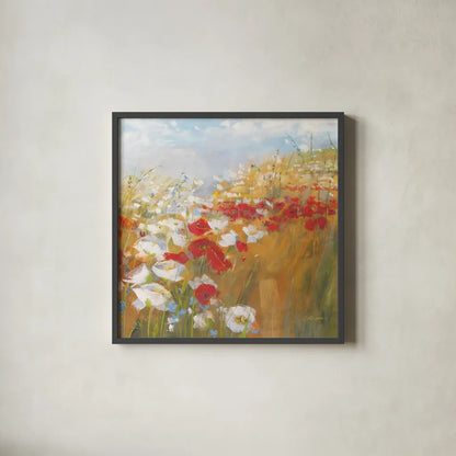 Poppies and Larkspur II by Carol Rowan. Shown in a sleek black glass frame for a contemporary gallery look. Available as an archival giclee rolled canvas, fine art paper, or poster print. SKU 8172a.