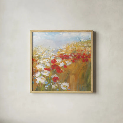 Poppies and Larkspur II by Carol Rowan. Shown in a natural wood glass frame for a timeless modern aesthetic. Available as an archival giclee rolled canvas, fine art paper, or poster print. SKU 8172a.