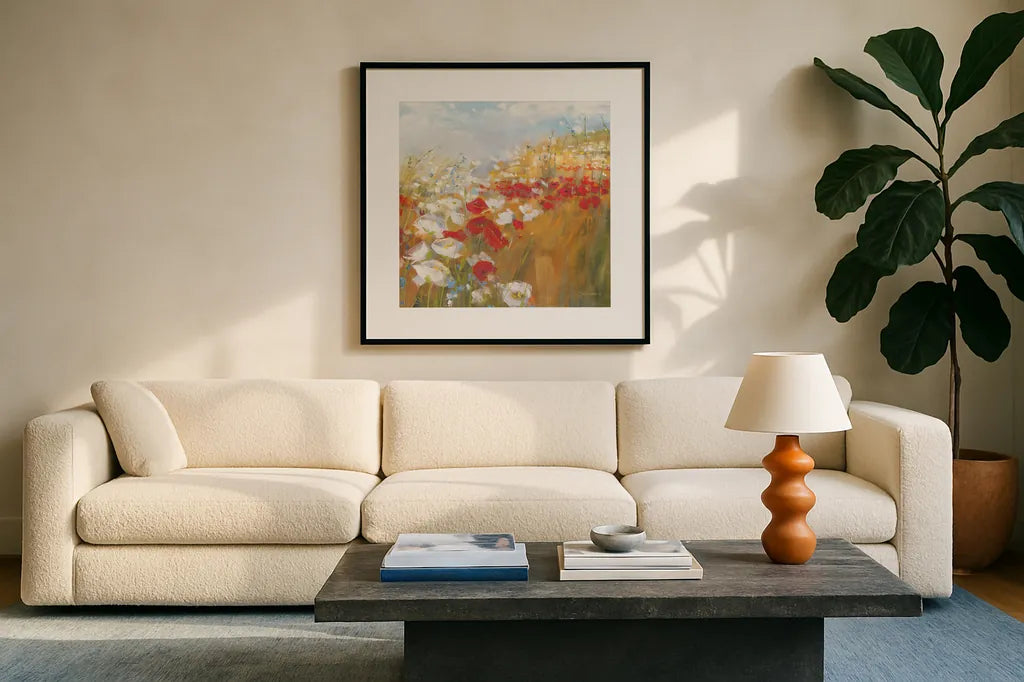 Poppies and Larkspur II by Carol Rowan. Displayed in a glass frame with matte in a clean modern living room. Available as an archival giclee rolled canvas, fine art paper, or poster print. SKU 8172a.