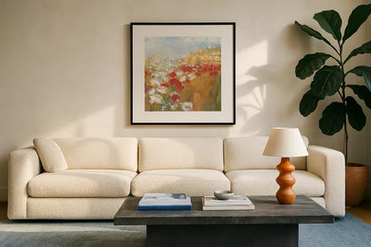 Poppies and Larkspur II by Carol Rowan. Displayed in a glass frame with matte in a clean modern living room. Available as an archival giclee rolled canvas, fine art paper, or poster print. SKU 8172a.