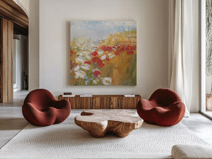 Poppies and Larkspur II by Carol Rowan. Shown as extra-large giant wall art in a modern living room. Available as an archival giclee rolled canvas, fine art paper, or poster print. SKU 8172a.