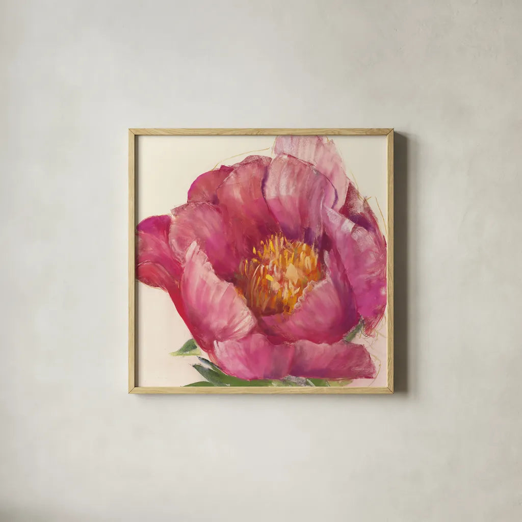 Poppy Pink by Carol Rowan. Shown in a natural wood glass frame for a timeless modern aesthetic. Available as an archival giclee rolled canvas, fine art paper, or poster print. SKU 41860a.