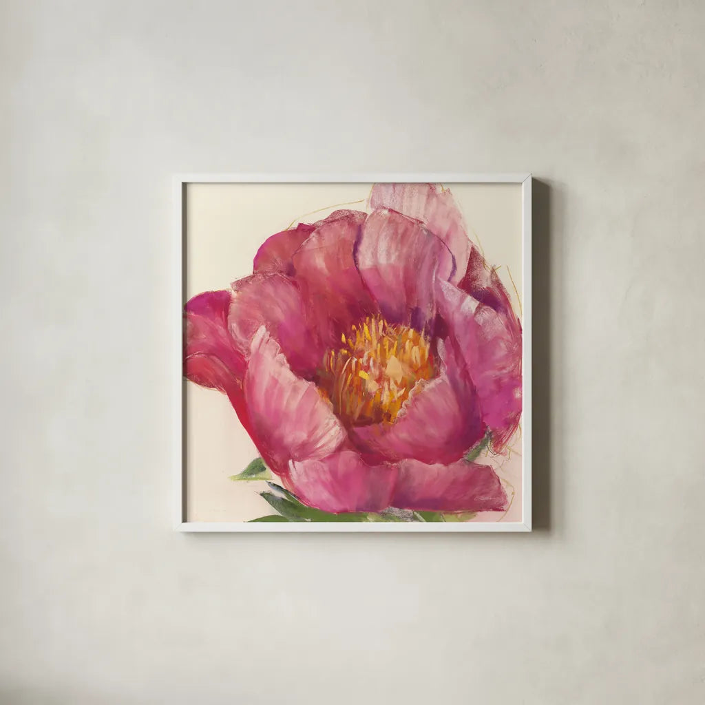 Poppy Pink by Carol Rowan. Shown in a crisp white glass frame for a clean and minimalist style. Available as an archival giclee rolled canvas, fine art paper, or poster print. SKU 41860a.