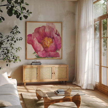 Poppy Pink by Carol Rowan. Shown in a natural wood frame in a cozy modern living room. Available as an archival giclee rolled canvas, fine art paper, or poster print. SKU 41860a.