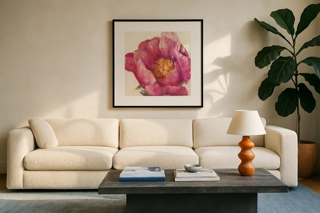 Poppy Pink by Carol Rowan. Displayed in a glass frame with matte in a clean modern living room. Available as an archival giclee rolled canvas, fine art paper, or poster print. SKU 41860a.