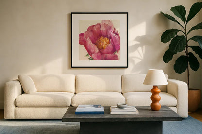 Poppy Pink by Carol Rowan. Displayed in a glass frame with matte in a clean modern living room. Available as an archival giclee rolled canvas, fine art paper, or poster print. SKU 41860a.