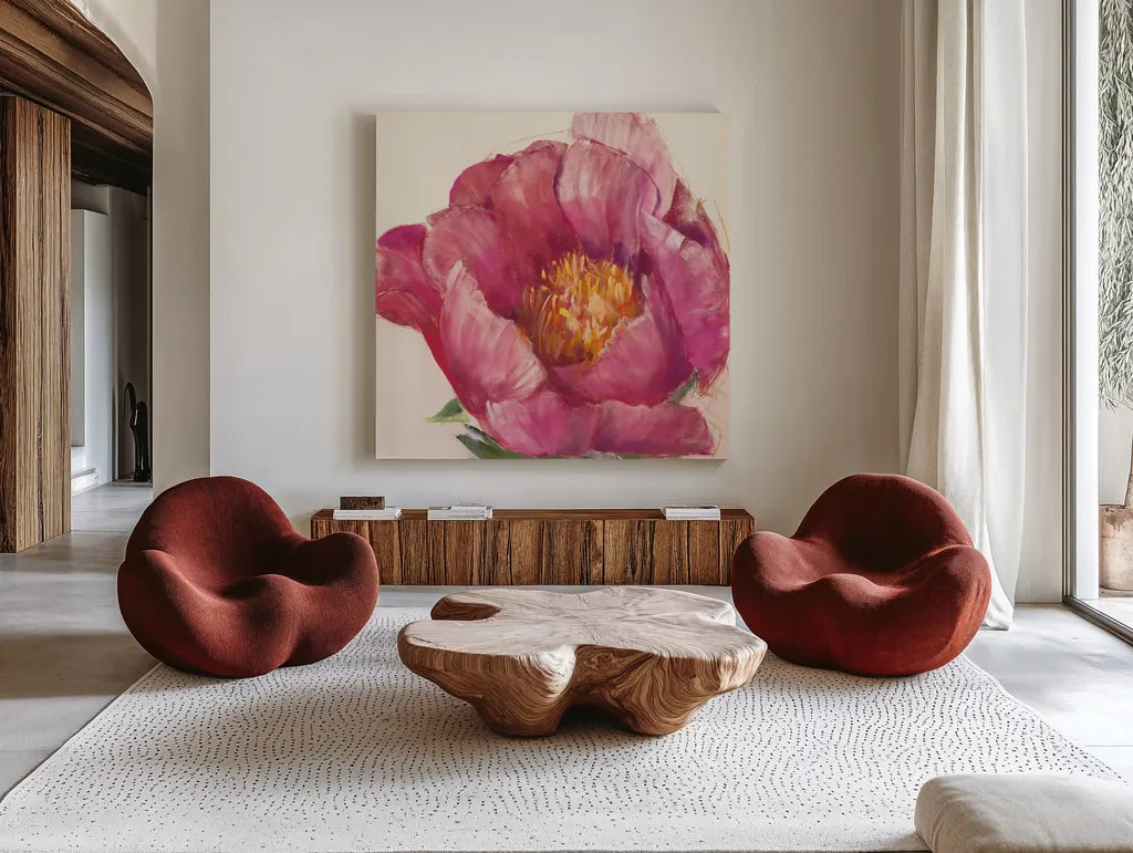 Poppy Pink by Carol Rowan. Shown as extra-large giant wall art in a modern living room. Available as an archival giclee rolled canvas, fine art paper, or poster print. SKU 41860a.