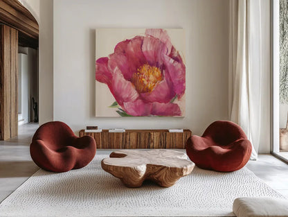 Poppy Pink by Carol Rowan. Shown as extra-large giant wall art in a modern living room. Available as an archival giclee rolled canvas, fine art paper, or poster print. SKU 41860a.