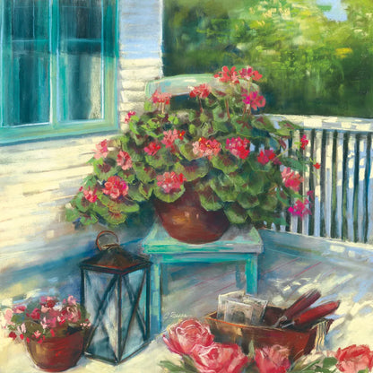 Porch Geraniums by Carol Rowan. SKU 8601a. Archival Giclee Fine art print for wall decor.