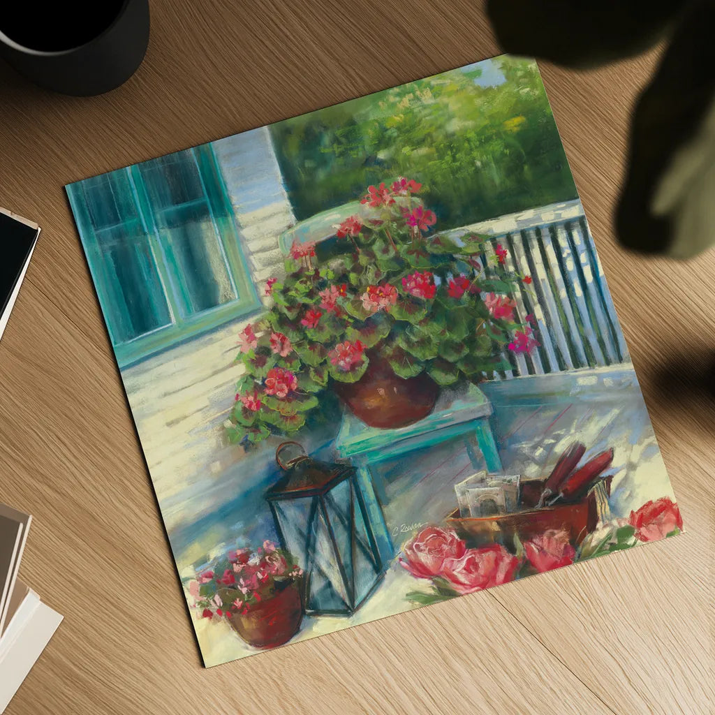 Porch Geraniums by Carol Rowan. Shown as a detailed flat fine art print, highlighting archival giclee quality. Available as an archival giclee rolled canvas, fine art paper, or poster print. SKU 8601a.