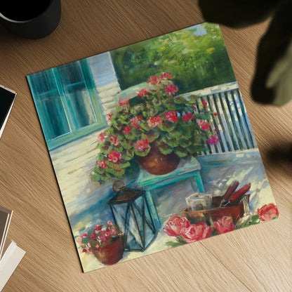 Porch Geraniums by Carol Rowan. Shown as a detailed flat fine art print, highlighting archival giclee quality. Available as an archival giclee rolled canvas, fine art paper, or poster print. SKU 8601a.