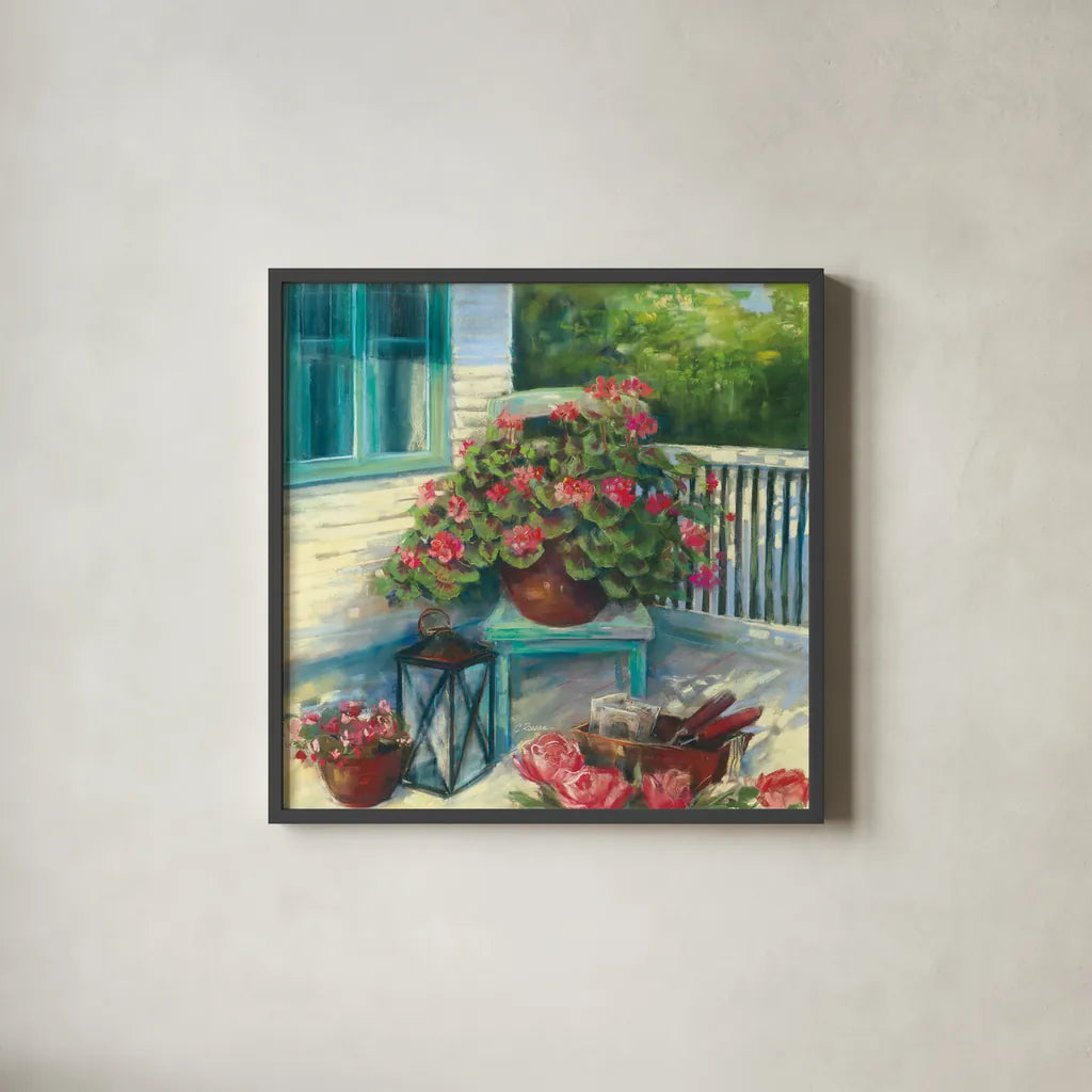 Porch Geraniums by Carol Rowan. Shown in a sleek black glass frame for a contemporary gallery look. Available as an archival giclee rolled canvas, fine art paper, or poster print. SKU 8601a.