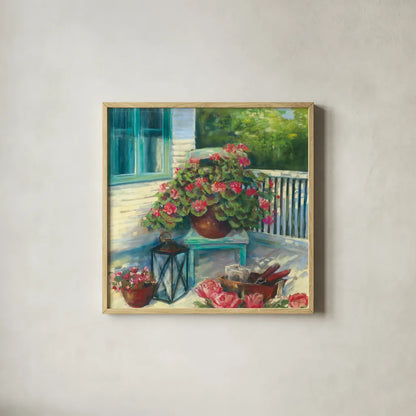 Porch Geraniums by Carol Rowan. Shown in a natural wood glass frame for a timeless modern aesthetic. Available as an archival giclee rolled canvas, fine art paper, or poster print. SKU 8601a.