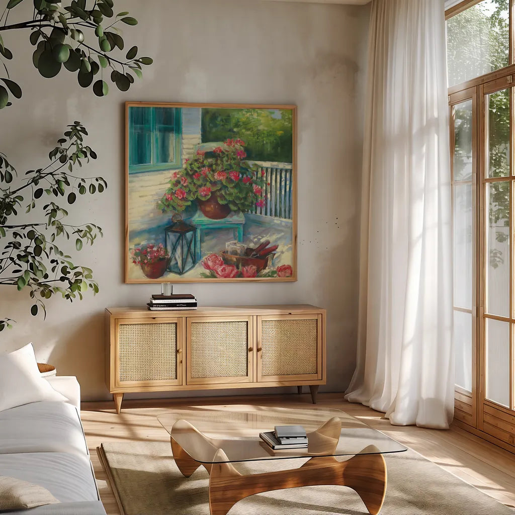 Porch Geraniums by Carol Rowan. Shown in a natural wood frame in a cozy modern living room. Available as an archival giclee rolled canvas, fine art paper, or poster print. SKU 8601a.