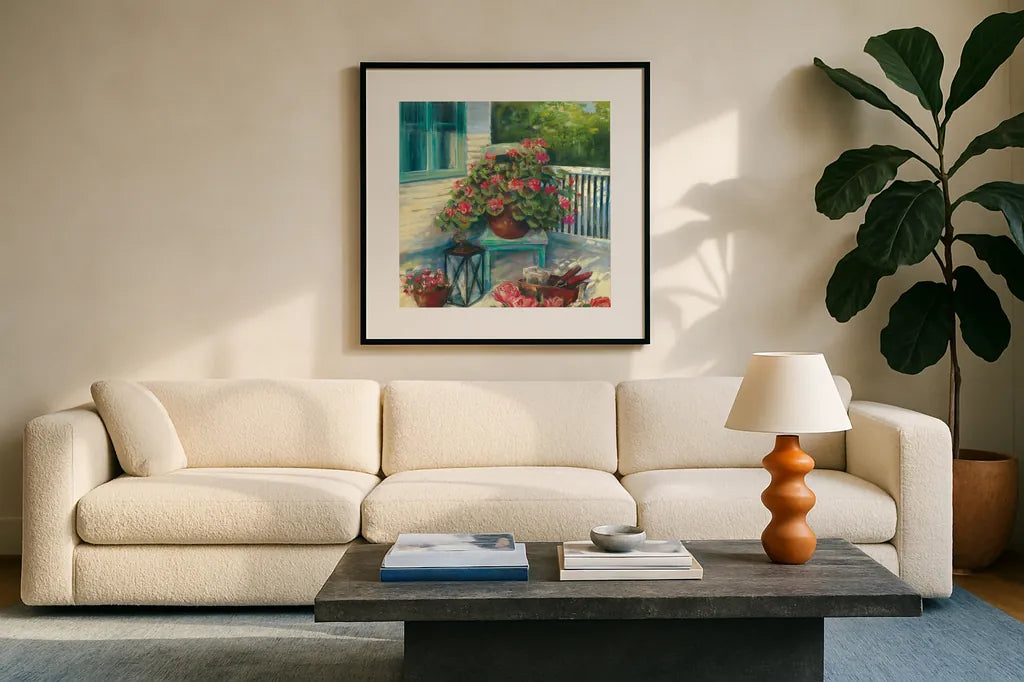 Porch Geraniums by Carol Rowan. Displayed in a glass frame with matte in a clean modern living room. Available as an archival giclee rolled canvas, fine art paper, or poster print. SKU 8601a.