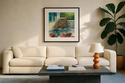 Porch Geraniums by Carol Rowan. Displayed in a glass frame with matte in a clean modern living room. Available as an archival giclee rolled canvas, fine art paper, or poster print. SKU 8601a.