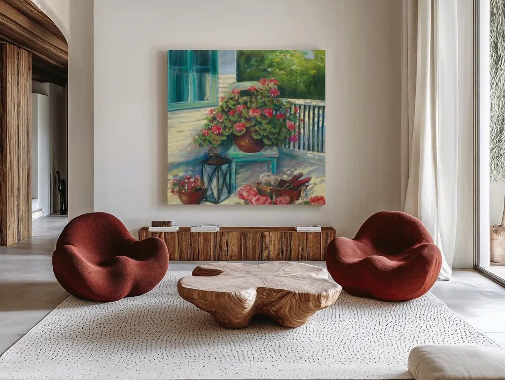 Porch Geraniums by Carol Rowan. Shown as extra-large giant wall art in a modern living room. Available as an archival giclee rolled canvas, fine art paper, or poster print. SKU 8601a.
