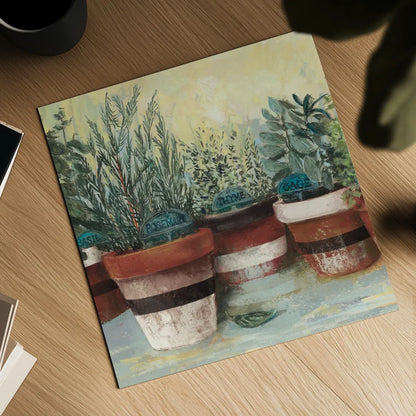 Potted Herbs II Stripes Crop by Carol Rowan. Shown as a detailed flat fine art print, highlighting archival giclee quality. Available as an archival giclee rolled canvas, fine art paper, or poster print. SKU 50559a.