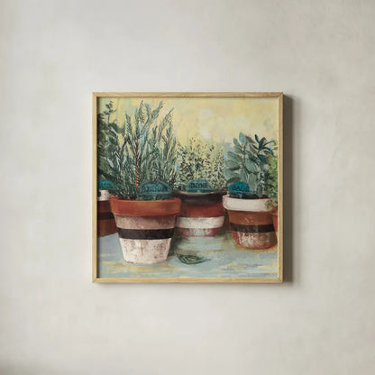 Potted Herbs II Stripes Crop by Carol Rowan. Shown in a natural wood glass frame for a timeless modern aesthetic. Available as an archival giclee rolled canvas, fine art paper, or poster print. SKU 50559a.
