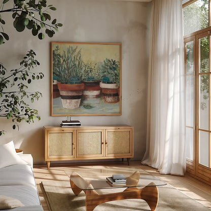 Potted Herbs II Stripes Crop by Carol Rowan. Shown in a natural wood frame in a cozy modern living room. Available as an archival giclee rolled canvas, fine art paper, or poster print. SKU 50559a.