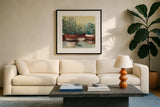 Potted Herbs II Stripes Crop by Carol Rowan. Displayed in a glass frame with matte in a clean modern living room. Available as an archival giclee rolled canvas, fine art paper, or poster print. SKU 50559a.