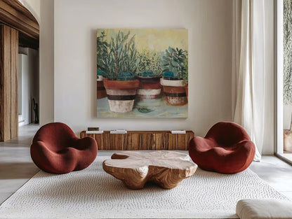 Potted Herbs II Stripes Crop by Carol Rowan. Shown as extra-large giant wall art in a modern living room. Available as an archival giclee rolled canvas, fine art paper, or poster print. SKU 50559a.