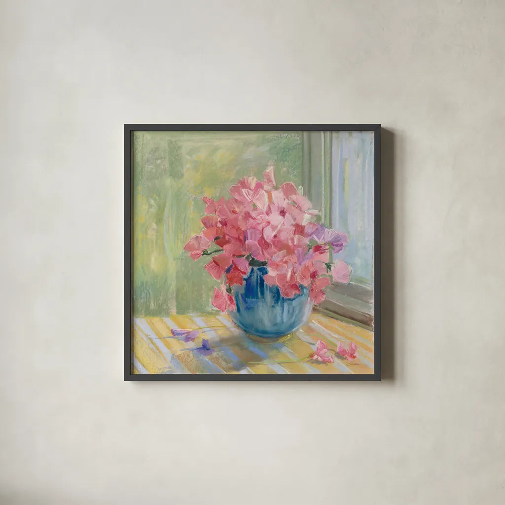 Pretty in Pink by Carol Rowan. Shown in a sleek black glass frame for a contemporary gallery look. Available as an archival giclee rolled canvas, fine art paper, or poster print. SKU 38630a.