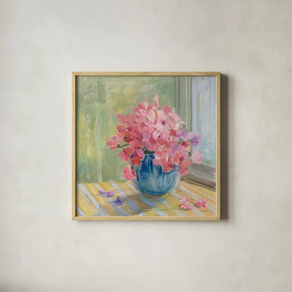 Pretty in Pink by Carol Rowan. Shown in a natural wood glass frame for a timeless modern aesthetic. Available as an archival giclee rolled canvas, fine art paper, or poster print. SKU 38630a.