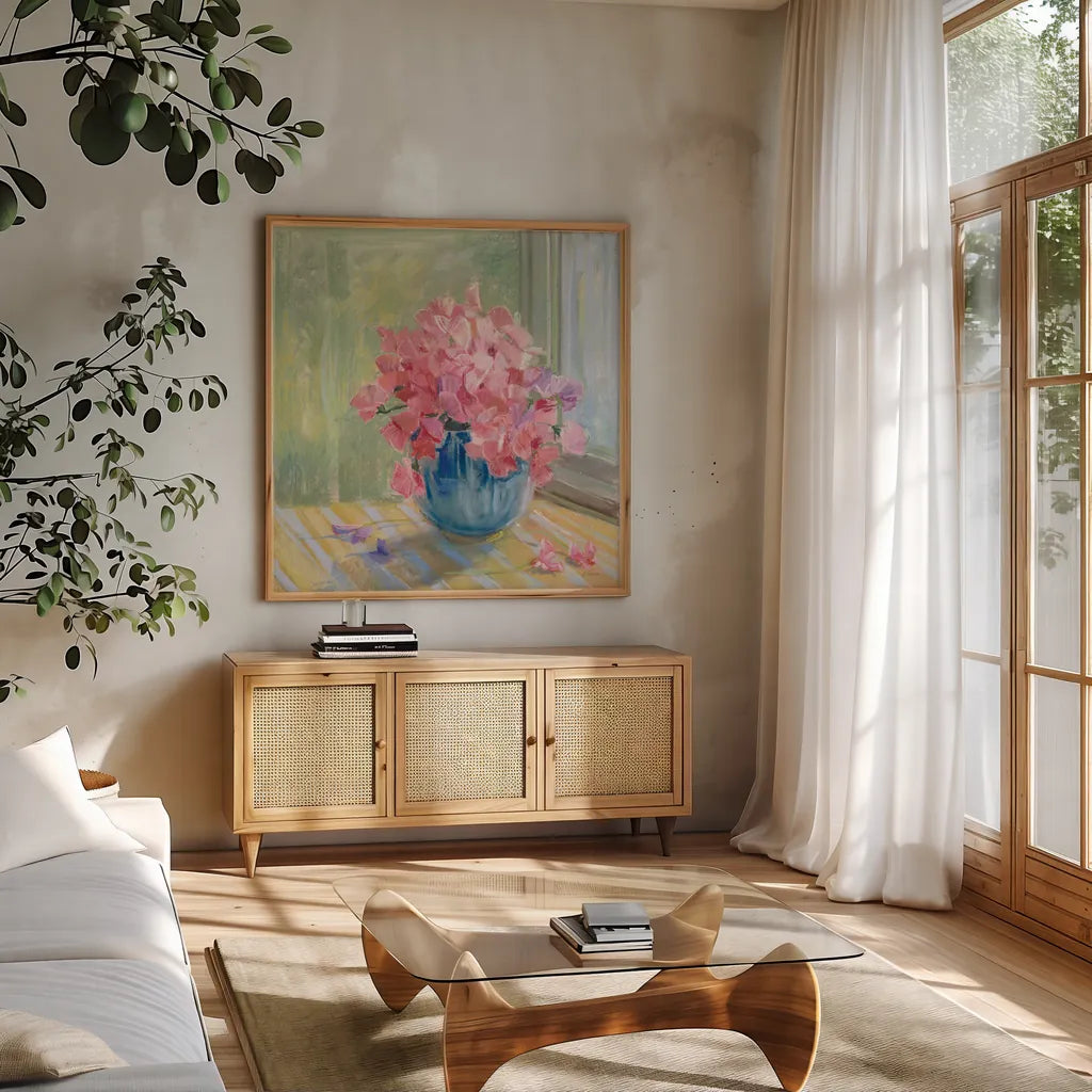 Pretty in Pink by Carol Rowan. Shown in a natural wood frame in a cozy modern living room. Available as an archival giclee rolled canvas, fine art paper, or poster print. SKU 38630a.
