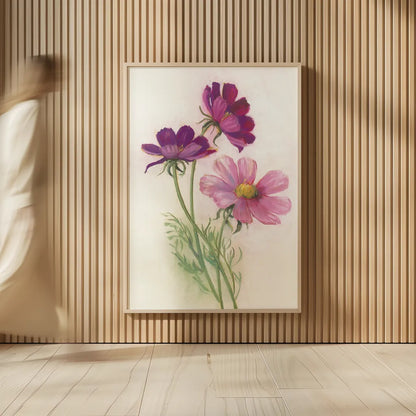 Purple Cosmos by Carol Rowan. shown as over sized large wall art. Available as an archival giclee rolled canvas, fine art paper, or poster print. SKU 95139h.