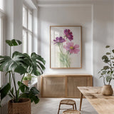 Purple Cosmos by Carol Rowan. shown as a print in a natural wood frame in a dining room. Available as a archival giclee rolled canvas, fine art paper, or poster print. SKU 95139h.