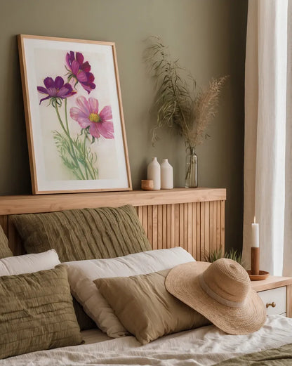 Purple Cosmos by Carol Rowan. shown as a paper print in a natural frame. Available as a archival giclee rolled canvas, fine art paper, or poster print. SKU 95139h.