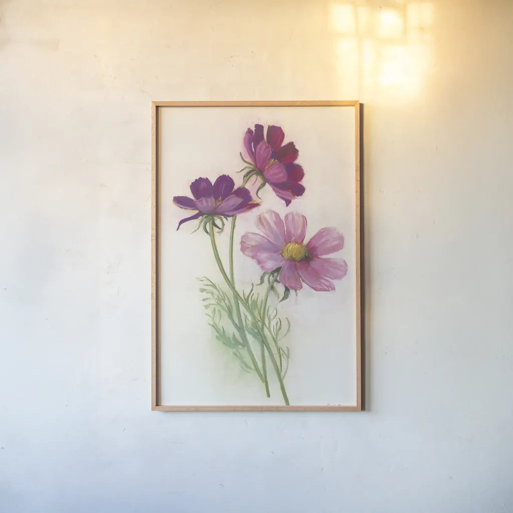 Purple Cosmos by Carol Rowan. shown as a paper print in a natural frame. Available as a archival giclee rolled canvas, fine art paper, or poster print. SKU 95139h.