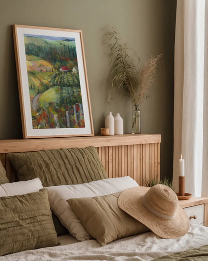 Quiet Farm Field by Carol Rowan. shown as a paper print in a natural frame. Available as a archival giclee rolled canvas, fine art paper, or poster print. SKU 19148h.