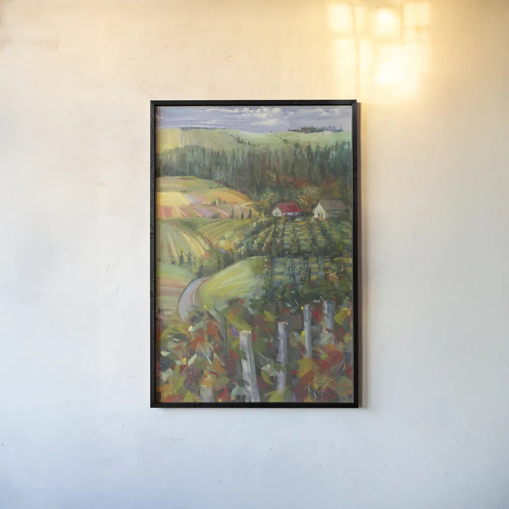 Quiet Farm Field by Carol Rowan. shown as a paper print in a black flame. Available as a archival giclee rolled canvas, fine art paper, or poster print. SKU 19148h.