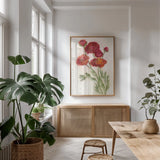 Red Ranunculus by Carol Rowan. shown as a print in a natural wood frame in a dining room. Available as a archival giclee rolled canvas, fine art paper, or poster print. SKU 95140h.