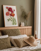 Red Ranunculus by Carol Rowan. shown as a paper print in a natural frame. Available as a archival giclee rolled canvas, fine art paper, or poster print. SKU 95140h.