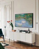 Reflections by Carol Rowan. shown as a framed stretched canvas in a living room above a console. Available as a archival giclee rolled canvas, fine art paper, or poster print. SKU 99978i.