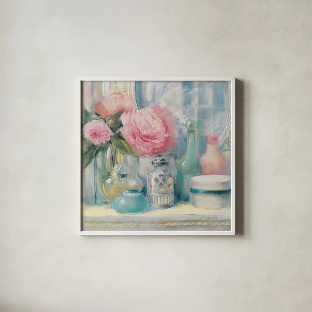Reflective Moment I by Carol Rowan. Shown in a crisp white glass frame for a clean and minimalist style. Available as an archival giclee rolled canvas, fine art paper, or poster print. SKU 18475a.