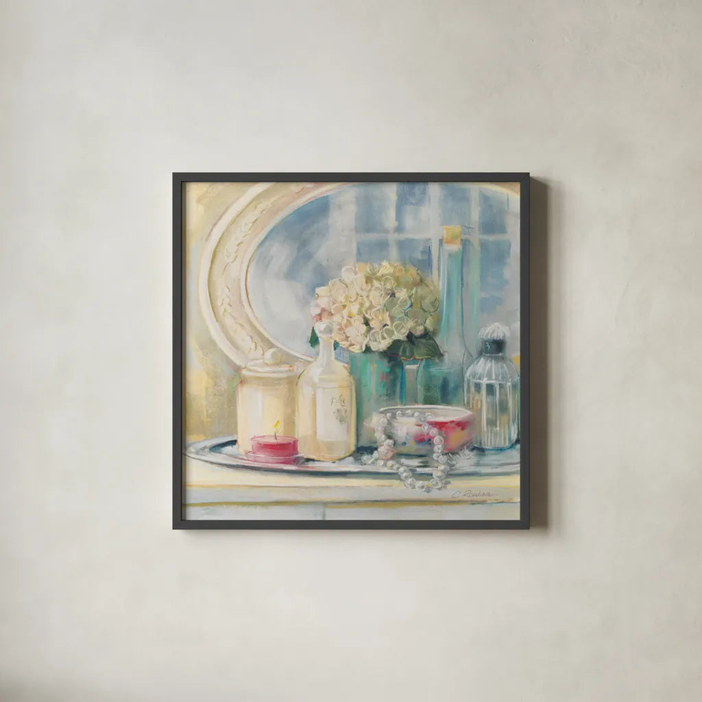 Relective Moment II by Carol Rowan. Shown in a sleek black glass frame for a contemporary gallery look. Available as an archival giclee rolled canvas, fine art paper, or poster print. SKU 18476a.