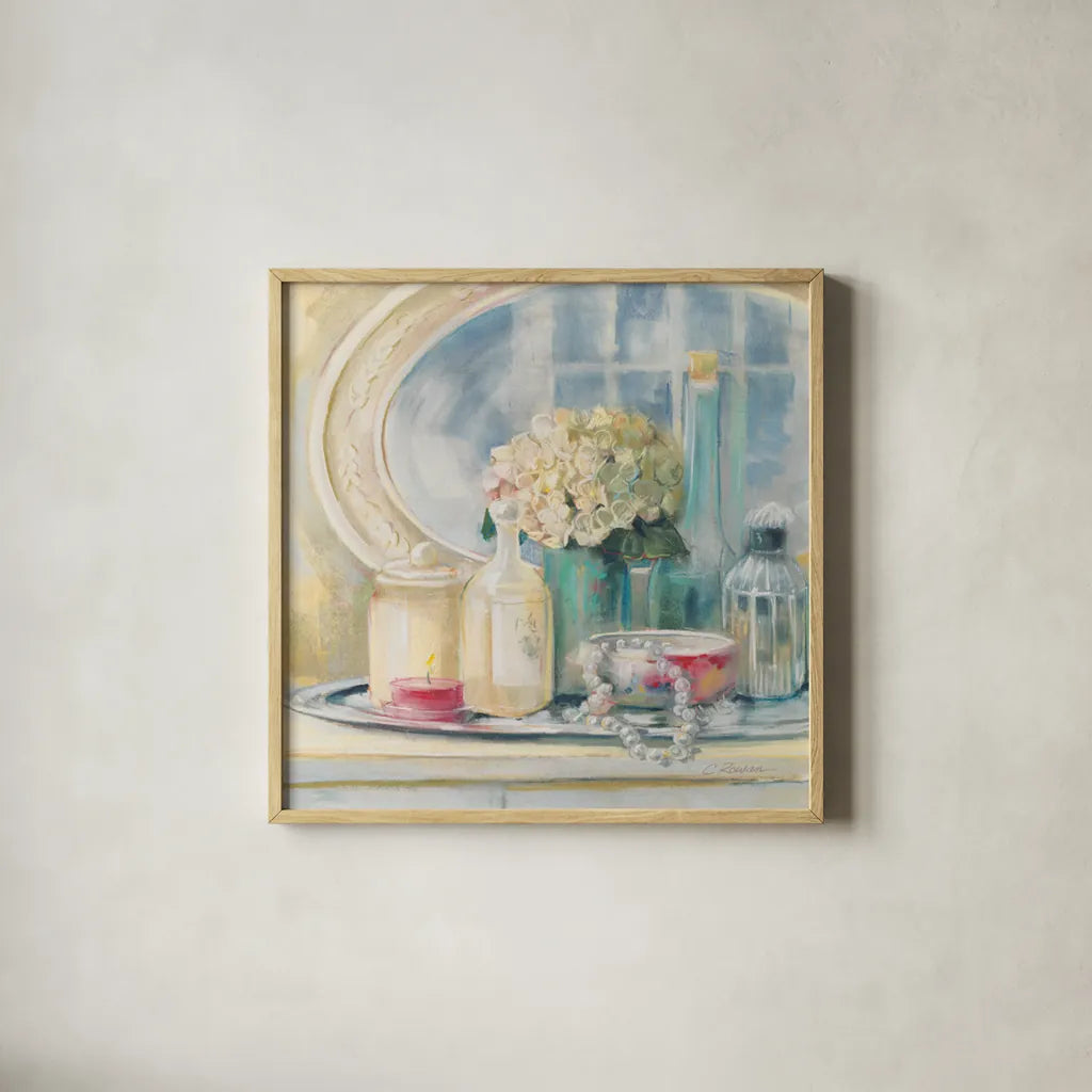 Relective Moment II by Carol Rowan. Shown in a natural wood glass frame for a timeless modern aesthetic. Available as an archival giclee rolled canvas, fine art paper, or poster print. SKU 18476a.