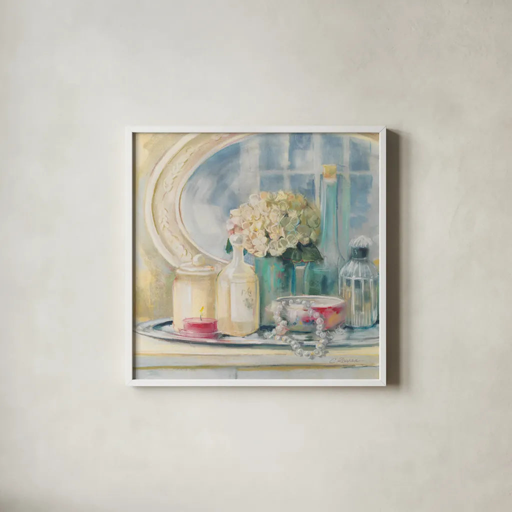 Relective Moment II by Carol Rowan. Shown in a crisp white glass frame for a clean and minimalist style. Available as an archival giclee rolled canvas, fine art paper, or poster print. SKU 18476a.