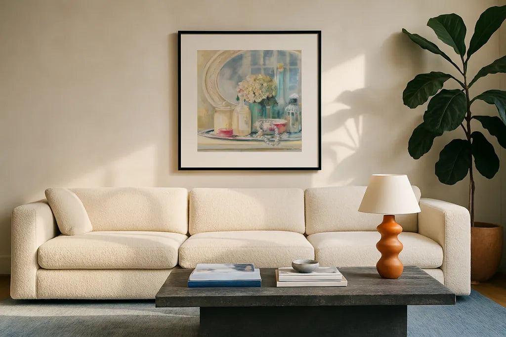 Relective Moment II by Carol Rowan. Displayed in a glass frame with matte in a clean modern living room. Available as an archival giclee rolled canvas, fine art paper, or poster print. SKU 18476a.