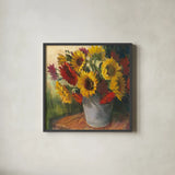 September Sunflowers by Carol Rowan. Shown in a sleek black glass frame for a contemporary gallery look. Available as an archival giclee rolled canvas, fine art paper, or poster print. SKU 33290a.