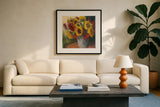 September Sunflowers by Carol Rowan. Displayed in a glass frame with matte in a clean modern living room. Available as an archival giclee rolled canvas, fine art paper, or poster print. SKU 33290a.