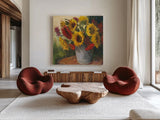 September Sunflowers by Carol Rowan. Shown as extra-large giant wall art in a modern living room. Available as an archival giclee rolled canvas, fine art paper, or poster print. SKU 33290a.
