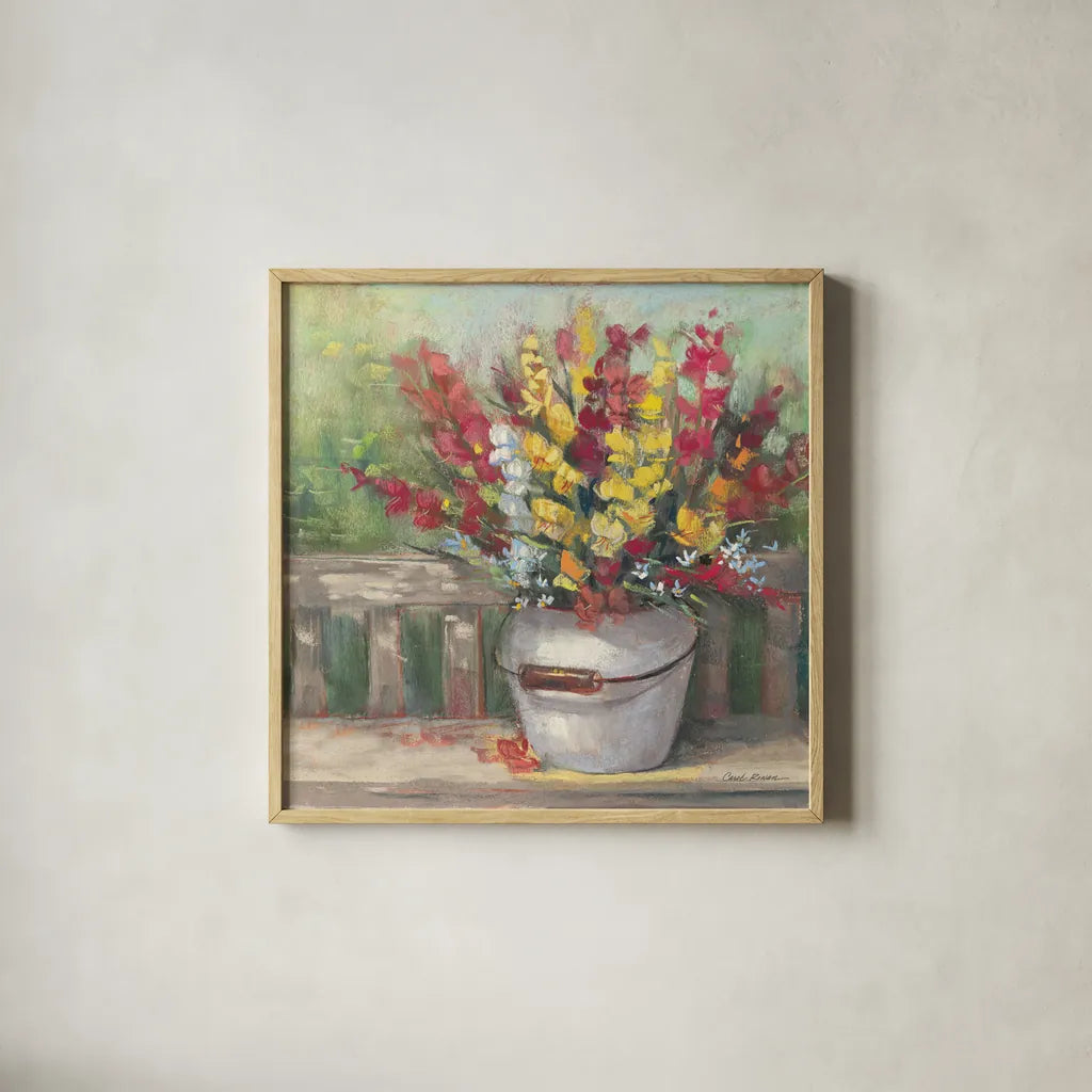 Snapdragon Bouquet by Carol Rowan. Shown in a natural wood glass frame for a timeless modern aesthetic. Available as an archival giclee rolled canvas, fine art paper, or poster print. SKU 65548a.
