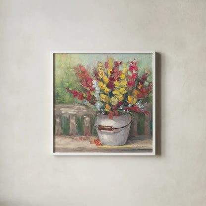Snapdragon Bouquet by Carol Rowan. Shown in a crisp white glass frame for a clean and minimalist style. Available as an archival giclee rolled canvas, fine art paper, or poster print. SKU 65548a.