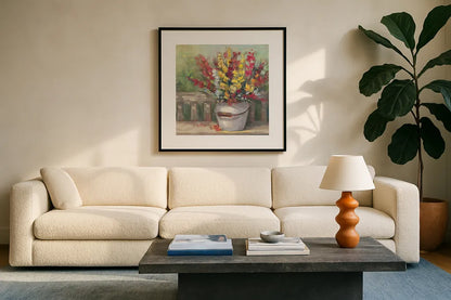 Snapdragon Bouquet by Carol Rowan. Displayed in a glass frame with matte in a clean modern living room. Available as an archival giclee rolled canvas, fine art paper, or poster print. SKU 65548a.