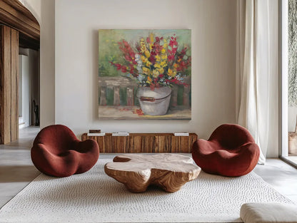 Snapdragon Bouquet by Carol Rowan. Shown as extra-large giant wall art in a modern living room. Available as an archival giclee rolled canvas, fine art paper, or poster print. SKU 65548a.
